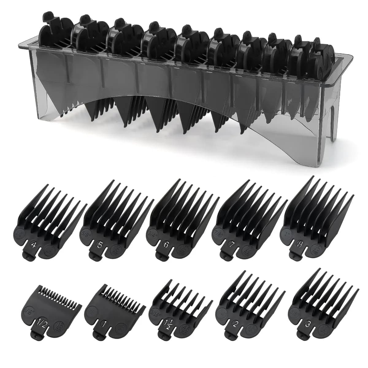 LAVEST Black 10 Piece Clipper Guard Set with Holder | Fits Wahl Clippers, 1/16" to 1" Lengths - main product image