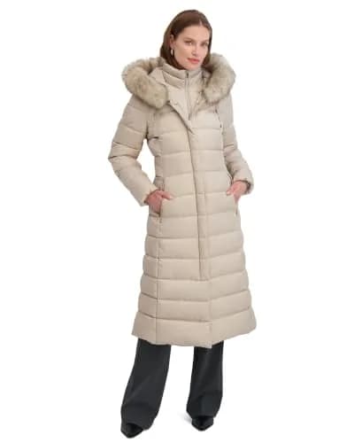 TAHARI Women's Maxi Puffer Coat, Attached Bib, Faux Fur Hood Trim, Hand Warmer Pockets, Long Puffer Coat, Pale Oak, Small | Full-Body Warmth & Style thumbnail 1