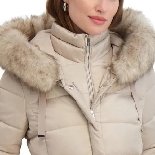 TAHARI Women's Maxi Puffer Coat, Attached Bib, Faux Fur Hood Trim, Hand Warmer Pockets, Long Puffer Coat, Pale Oak, Small | Full-Body Warmth & Style thumbnail 4