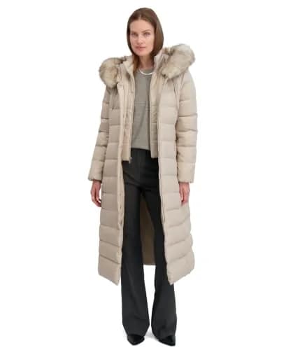 TAHARI Women's Maxi Puffer Coat, Attached Bib, Faux Fur Hood Trim, Hand Warmer Pockets, Long Puffer Coat, Pale Oak, Small | Full-Body Warmth & Style thumbnail 5