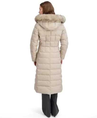TAHARI Women's Maxi Puffer Coat, Attached Bib, Faux Fur Hood Trim, Hand Warmer Pockets, Long Puffer Coat, Pale Oak, Small | Full-Body Warmth & Style thumbnail 6