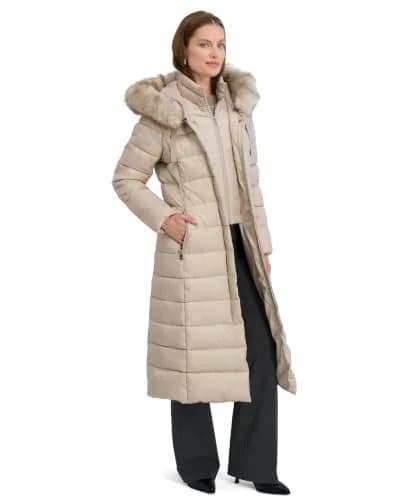 TAHARI Women's Maxi Puffer Coat, Attached Bib, Faux Fur Hood Trim, Hand Warmer Pockets, Long Puffer Coat, Pale Oak, Small | Full-Body Warmth & Style thumbnail 2