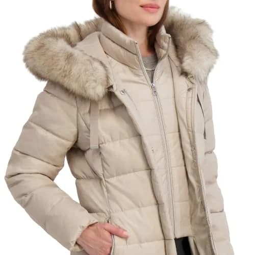TAHARI Women's Maxi Puffer Coat, Attached Bib, Faux Fur Hood Trim, Hand Warmer Pockets, Long Puffer Coat, Pale Oak, Small | Full-Body Warmth & Style thumbnail 3