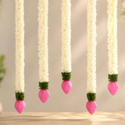 Divyakosh Fabric & Solawood Lotus Garlands 37cm (14 Inch) Pack of 5 | Traditional Festive Door Hangings for Home & Mandir thumbnail 1