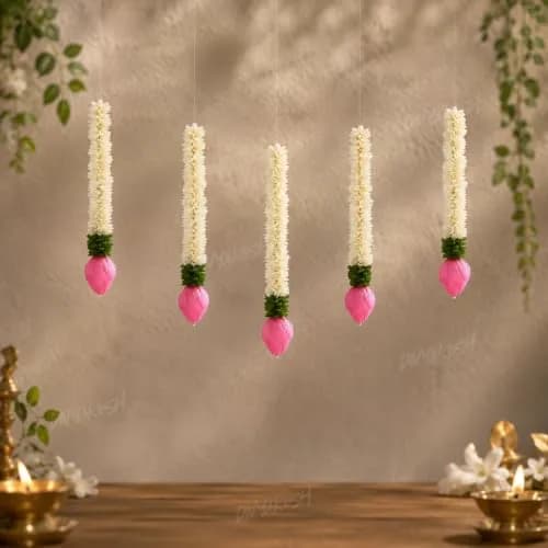 Divyakosh Fabric & Solawood Lotus Garlands 37cm (14 Inch) Pack of 5 | Traditional Festive Door Hangings for Home & Mandir thumbnail 3
