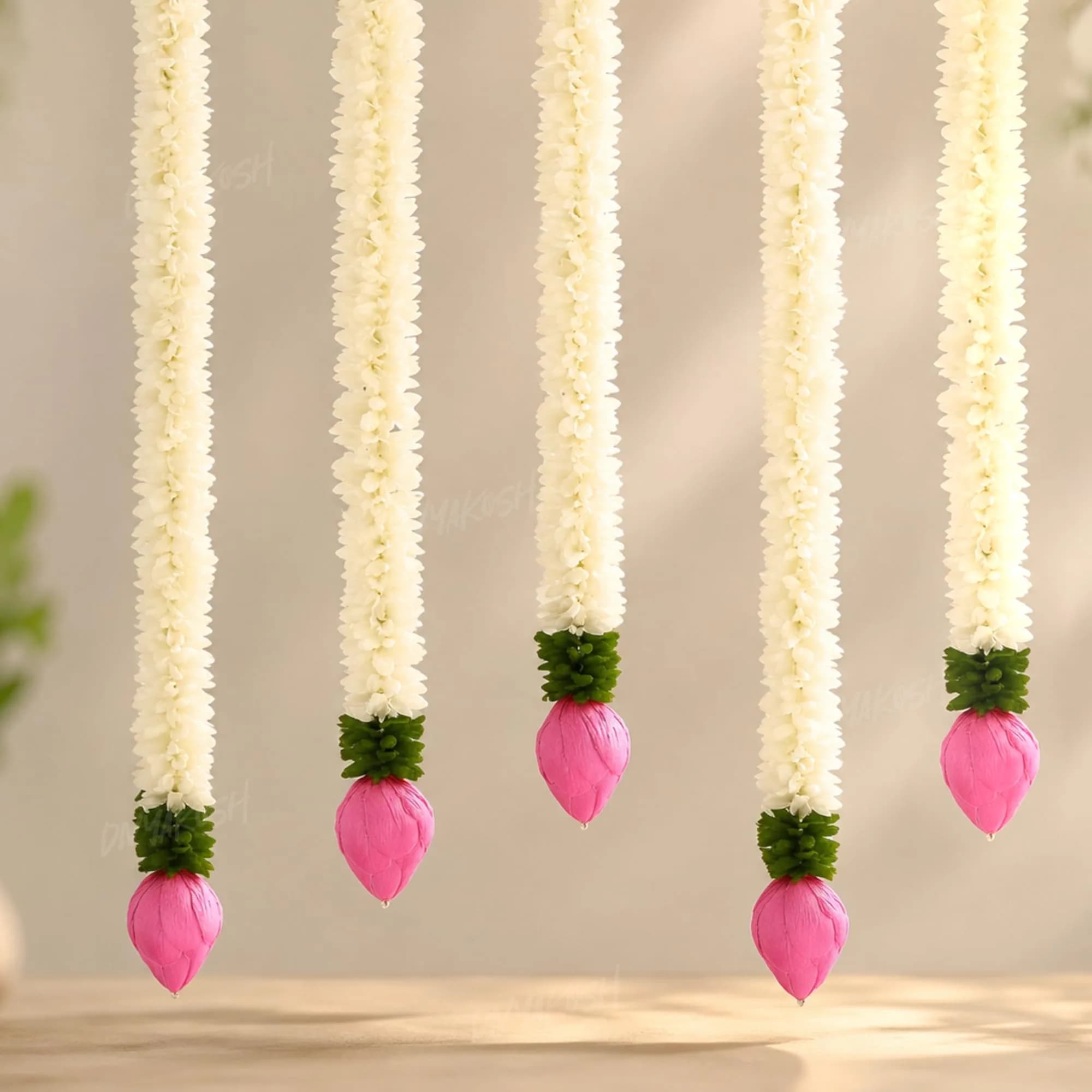 Divyakosh White 7 Pcs Garland | 37 cm (14.5 Inch) Fabric & Solawood Lotus Buds for Home Decoration - main product image