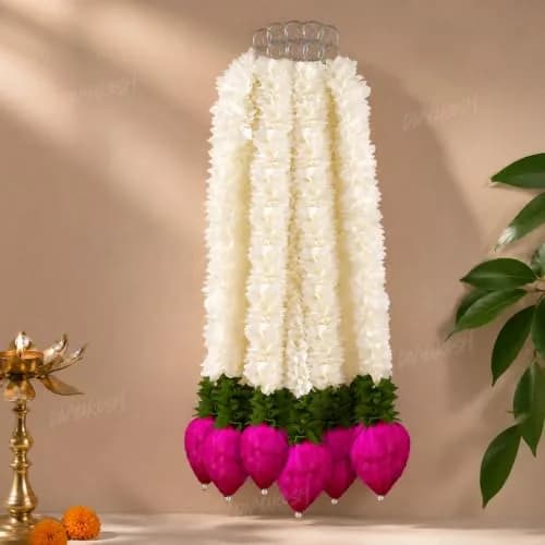 Divyakosh White 7 Pcs Garland | 37 cm (14.5 Inch) Fabric & Solawood Lotus Buds for Home Decoration thumbnail 4