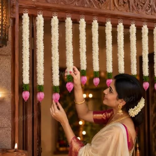Divyakosh White 7 Pcs Garland | 37 cm (14.5 Inch) Fabric & Solawood Lotus Buds for Home Decoration thumbnail 5