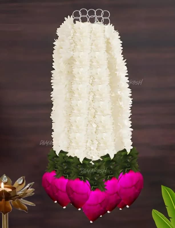 Divyakosh White 7 Pcs Garland | 37 cm (14.5 Inch) Fabric & Solawood Lotus Buds for Home Decoration thumbnail 6
