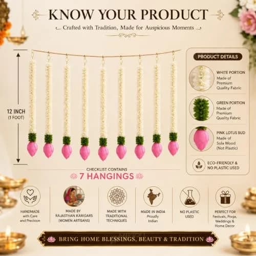 Divyakosh White 7 Pcs Garland | 37 cm (14.5 Inch) Fabric & Solawood Lotus Buds for Home Decoration thumbnail 2