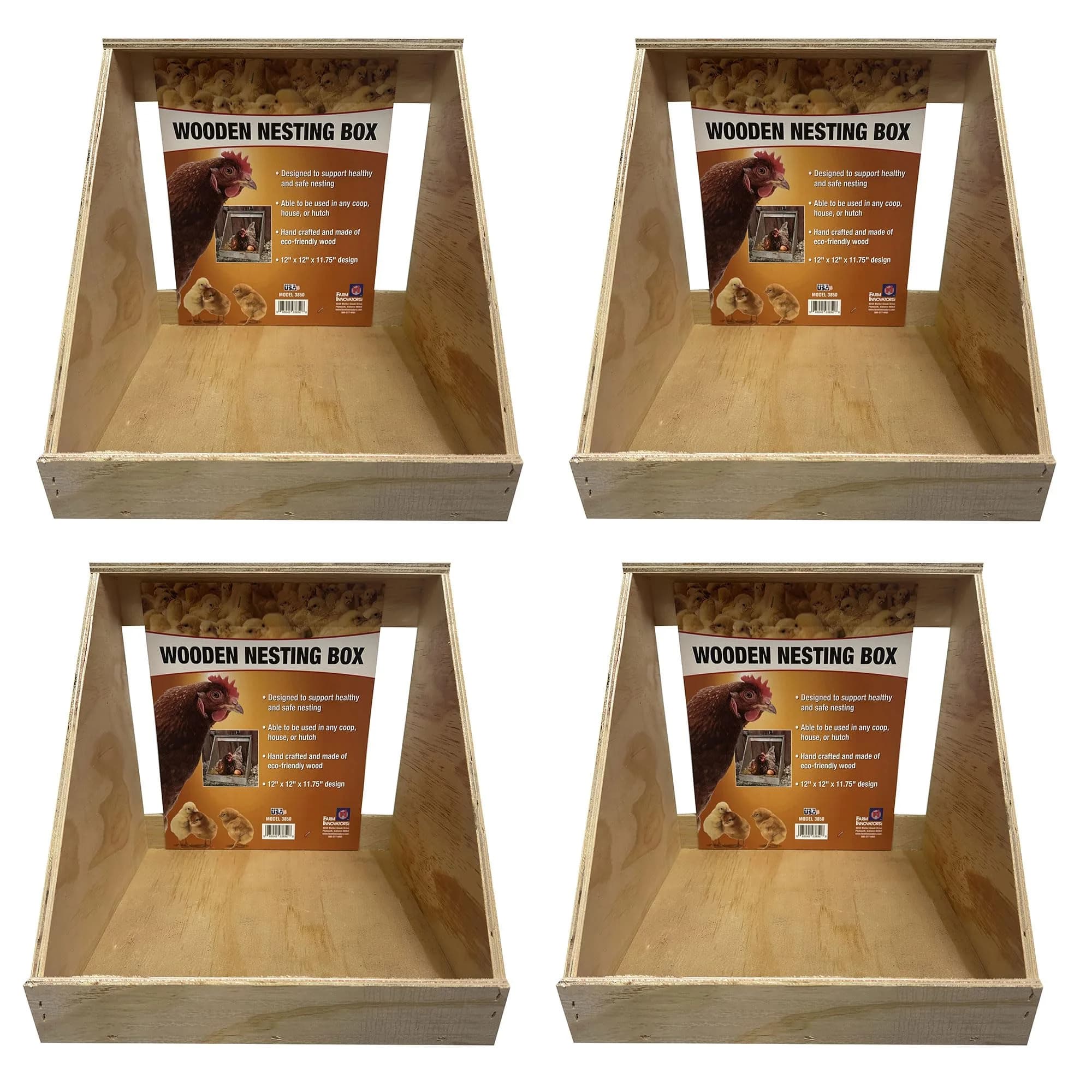 Farm Innovators Handcrafted Wood Chicken Nesting Box, 4-Pack | Secure, Fully Assembled, Rustic Design