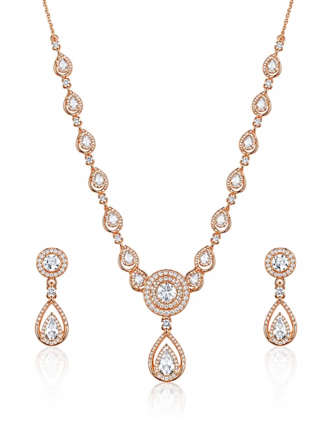 Nilu's Collection Jewelry Set Rose Gold/Silver Plated | American Diamond Stones | Anti Tarnish | Perfect for Weddings & Occasions (Large) — Rose Gold Style 5