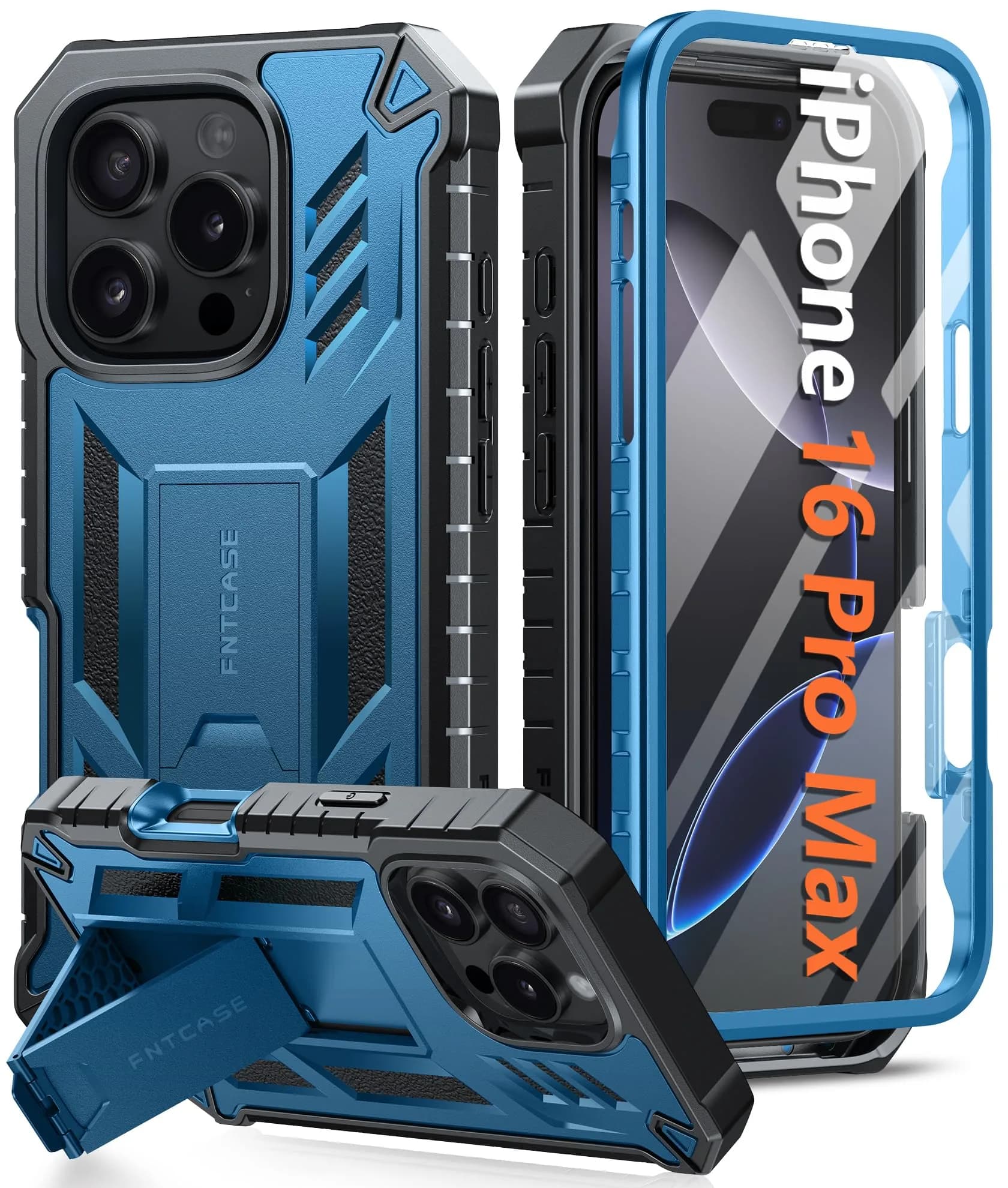 FNTCASE for iPhone 16 Pro Max Case, Built-in Screen Protector & Kickstand | 20ft Drop Military-Grade Protection — Blue