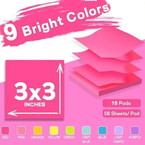 TKTB Pop Up Sticky Notes 3x3 in (18 Pads, 56 Sheets/Pad) | 9 Bright Colors, Strong Adhesive thumbnail 2