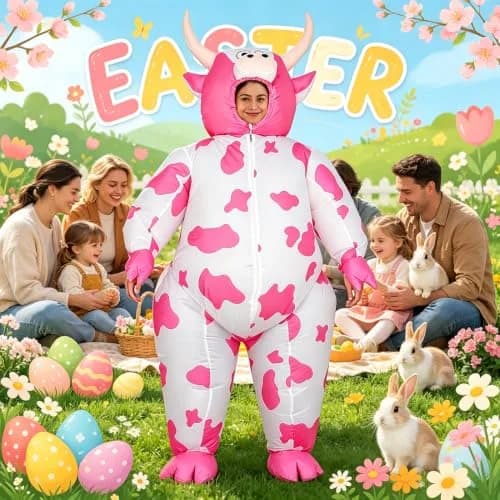 RHYTHMARTS Inflatable Pink Cow Costume Blow Up Costumes for Adults | Fun Halloween & Christmas Outfit thumbnail 8