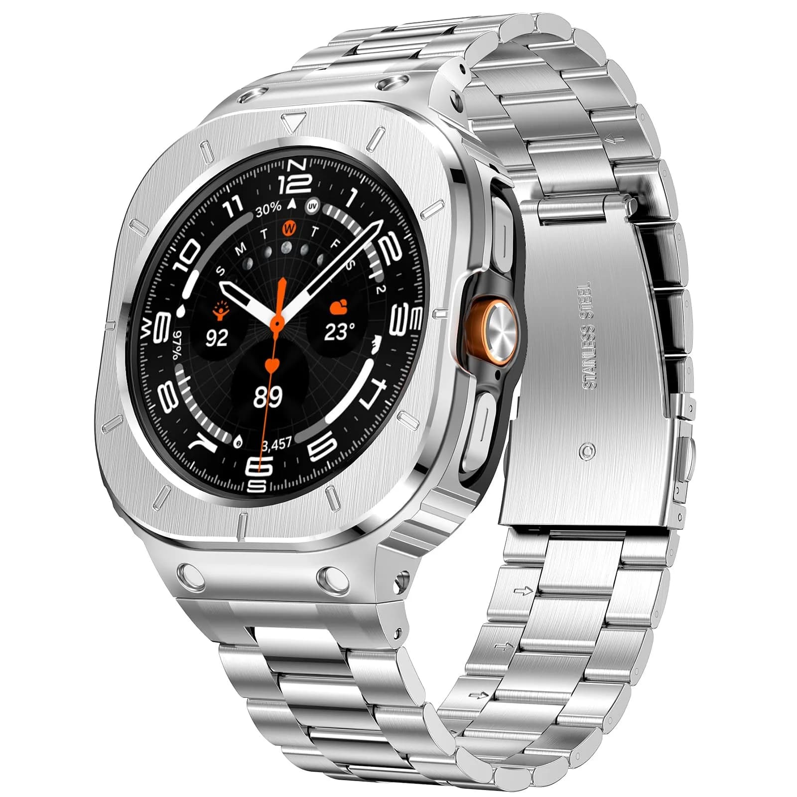 SUPLINK Stainless Steel Band with Case for Samsung Galaxy Watch Ultra 47mm (Silver) | Compatible with Galaxy Watch Ultra 2 — Silver-2