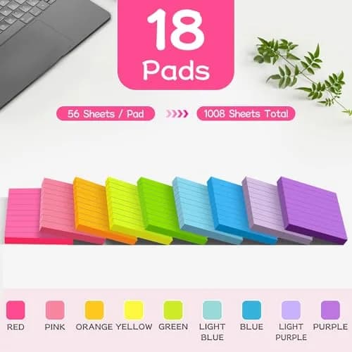YEECOK Lined Sticky Notes 3x3 inch (7.6x7.6 cm) | 18-Pack, 1008 Sheets Total, Super Sticky thumbnail 2