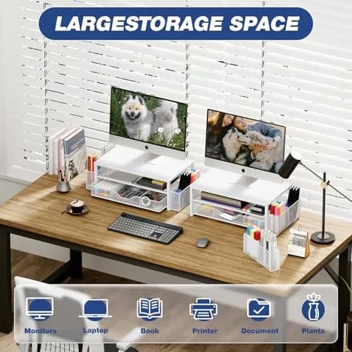 OPNICE 2-Tier Metal Monitor Stand Riser with Drawer & Pen Holders, White (Single Pack) - view 4