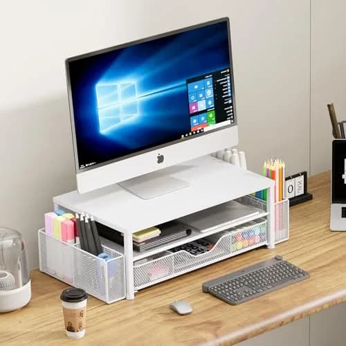 OPNICE 2-Tier Monitor Stand Riser with Drawer and Pen Holders, White 1-Pack | Ergonomic Computer Workstation for Office & Home thumbnail 5