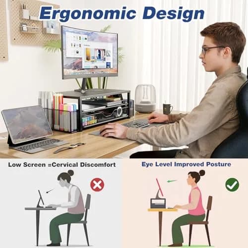 OPNICE 2-Tier Monitor Stand Riser with Drawer and Pen Holders, White 1-Pack | Ergonomic Computer Workstation for Office & Home thumbnail 6