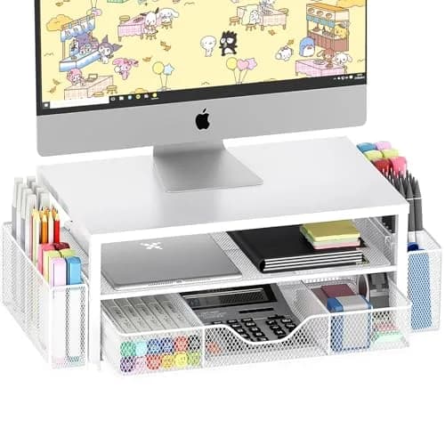 OPNICE 2-Tier Metal Monitor Stand Riser with Drawer & Pen Holders, White (Single Pack) - main product image