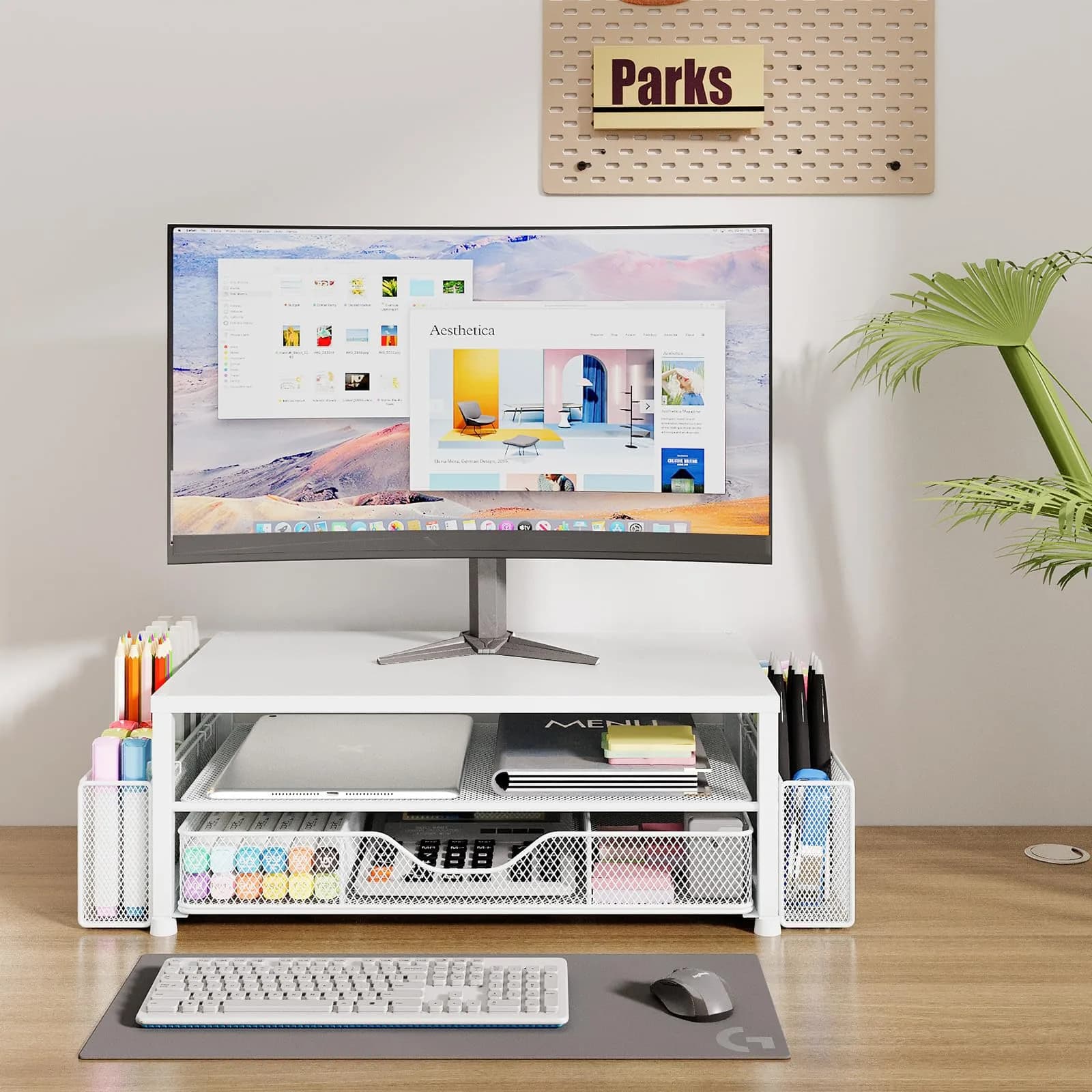 OPNICE 2-Tier Monitor Stand Riser with Drawer and Pen Holders, White 1-Pack | Ergonomic Computer Workstation for Office & Home - view 2