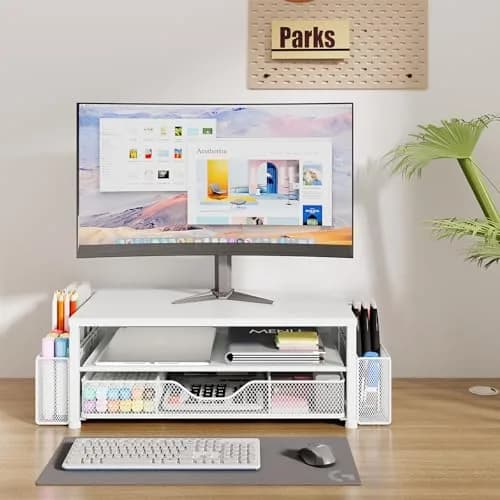 OPNICE 2-Tier Metal Monitor Stand Riser with Drawer & Pen Holders, White (Single Pack) - view 2