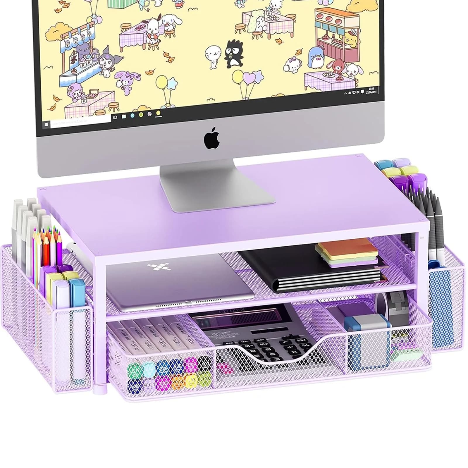 OPNICE 2-Tier Metal Monitor Stand Riser with Drawer & Pen Holders, Black (Single) — Purple / Single
