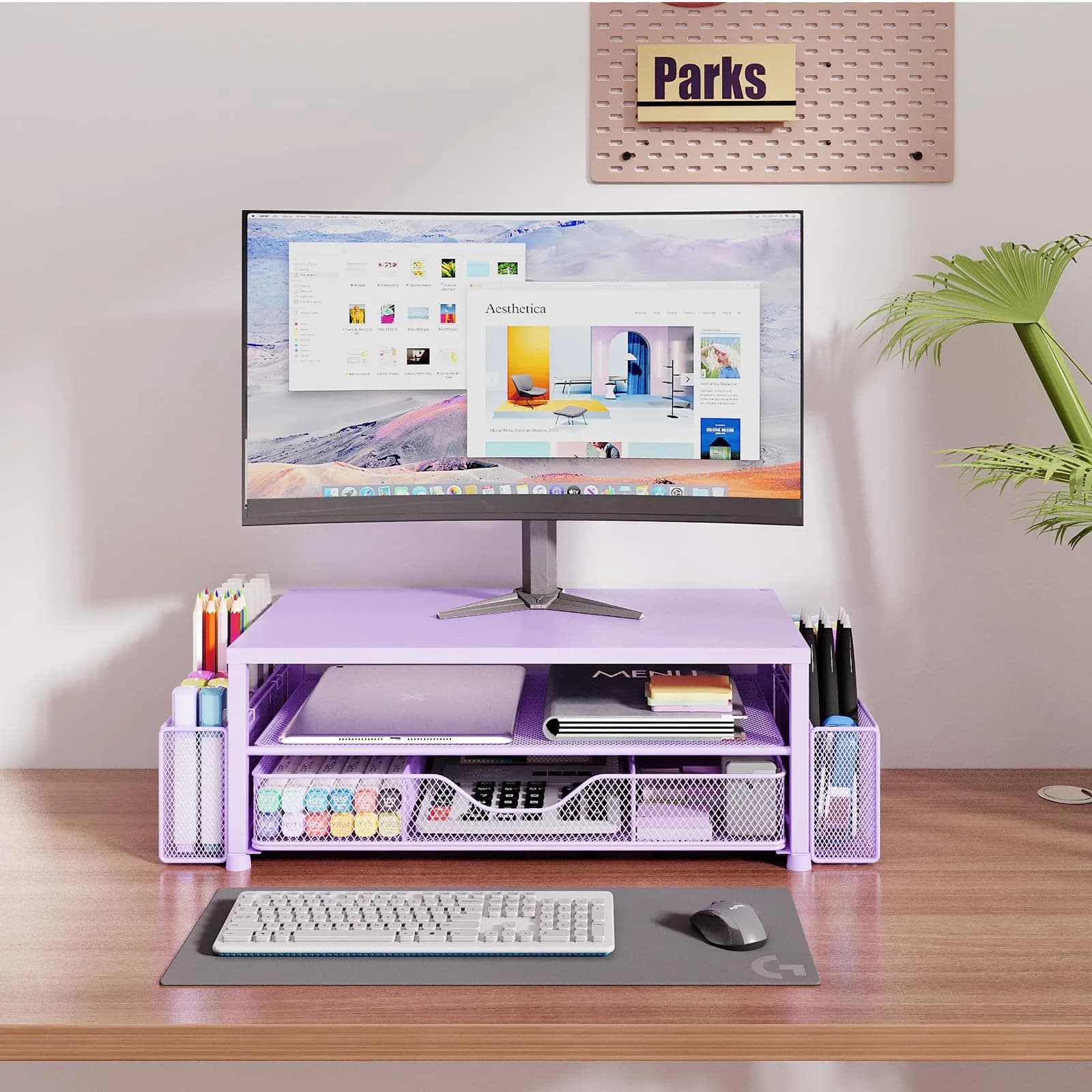 OPNICE 2-Tier Metal Monitor Stand Riser with Drawer & Pen Holders, Purple (Single) - view 2