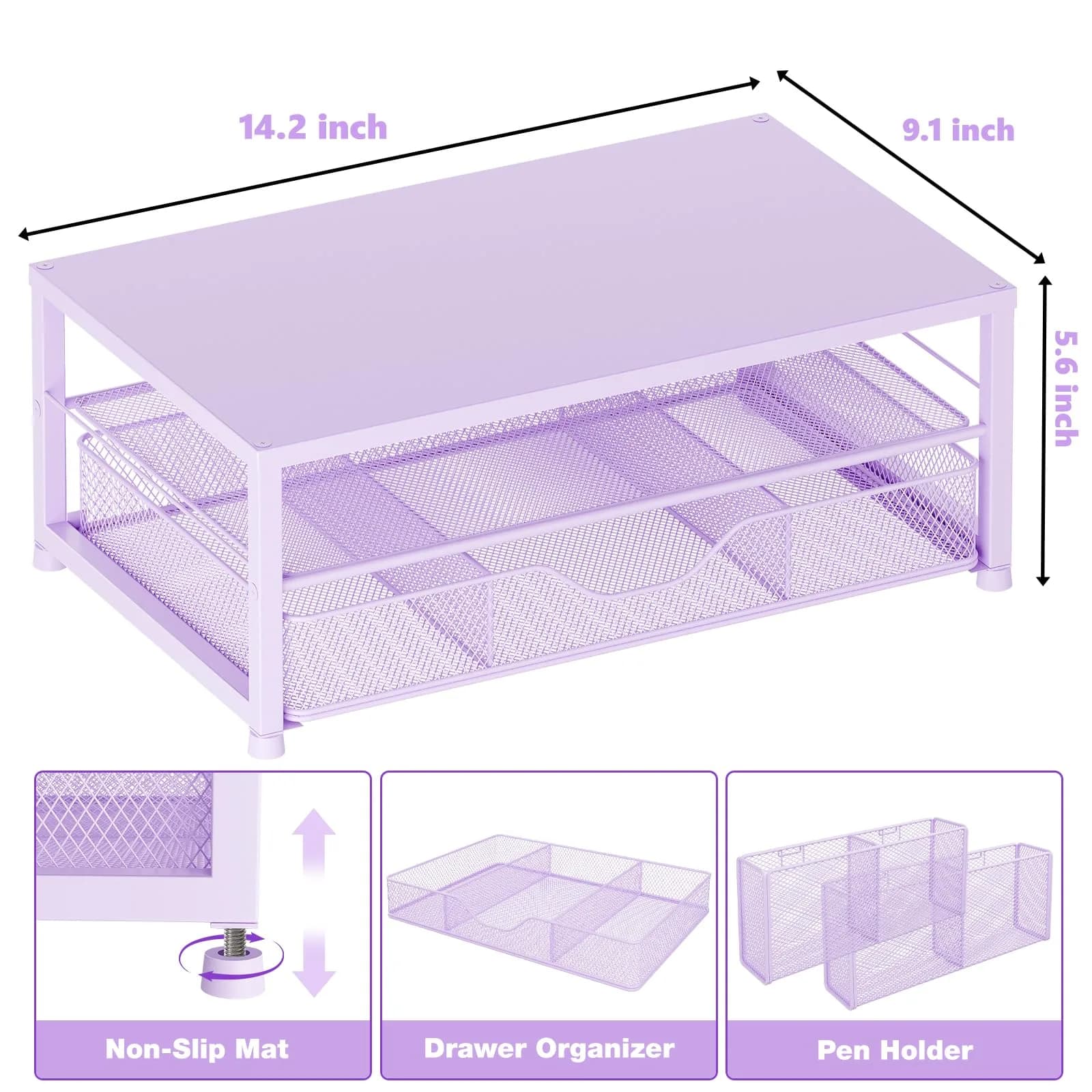 OPNICE 2-Tier Metal Monitor Stand Riser with Drawer & Pen Holders, Purple (Single) - view 3