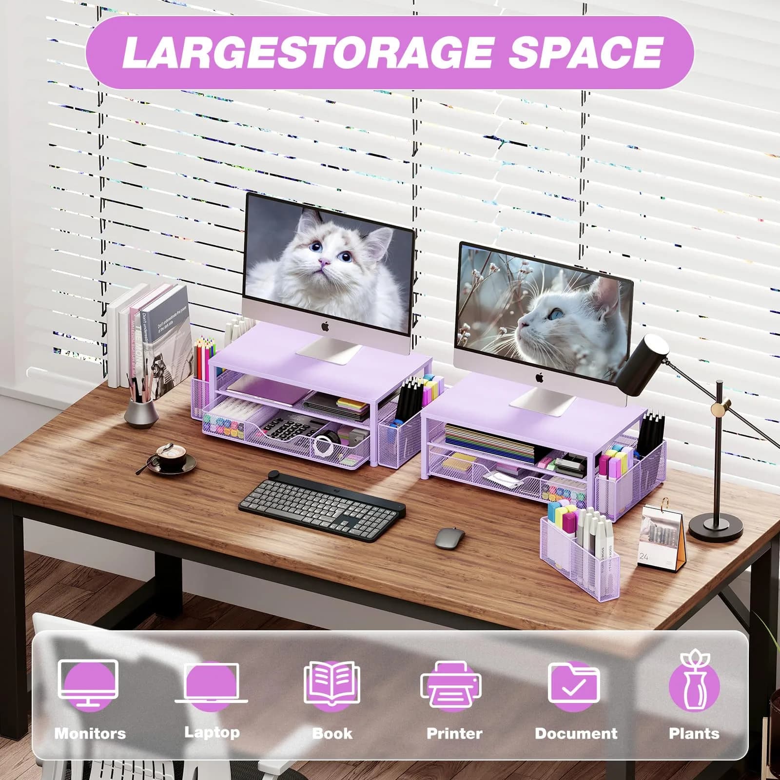 OPNICE 2-Tier Metal Monitor Stand Riser with Drawer & Pen Holders, Purple (Single) - view 4