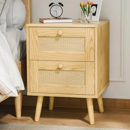 infurnic Rattan Nightstand with 2 Handmade Drawers | Natural Wood Bedroom Side Table (70-120 chars) thumbnail 1