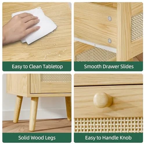 infurnic Rattan Nightstand with 2 Handmade Drawers | Natural Wood Bedroom Side Table (70-120 chars) thumbnail 4