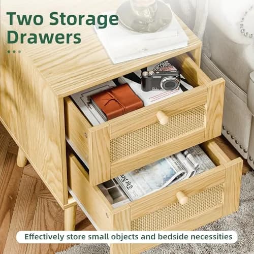 infurnic Rattan Nightstand with 2 Handmade Drawers | Natural Wood Bedroom Side Table (70-120 chars) thumbnail 5