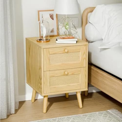 infurnic Rattan Nightstand with 2 Handmade Drawers | Natural Wood Bedroom Side Table (70-120 chars) thumbnail 2