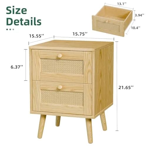 infurnic Rattan Nightstand with 2 Handmade Drawers | Natural Wood Bedroom Side Table (70-120 chars) thumbnail 3