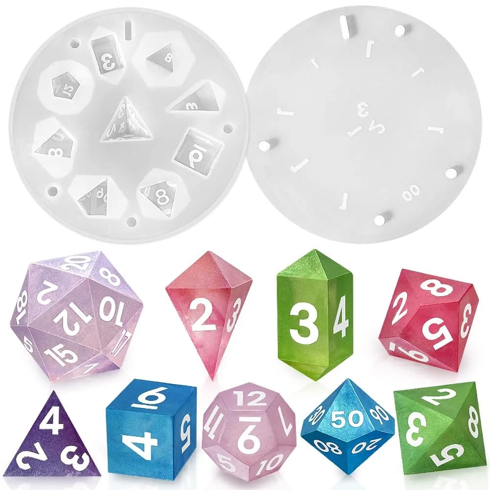 ResinWorld Upgraded 9-Piece Polyhedral Dice Mold with Pendant Crystal D4 | New Font, Easy Paint Fill — White