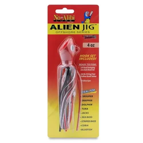 C&H Lures No Alibi Alien Jig Offshore Series, 4 oz (113 g) | Glow Red/Black Skirt, 5/0 Hooks, Upright Fast-Sinking Design thumbnail 1