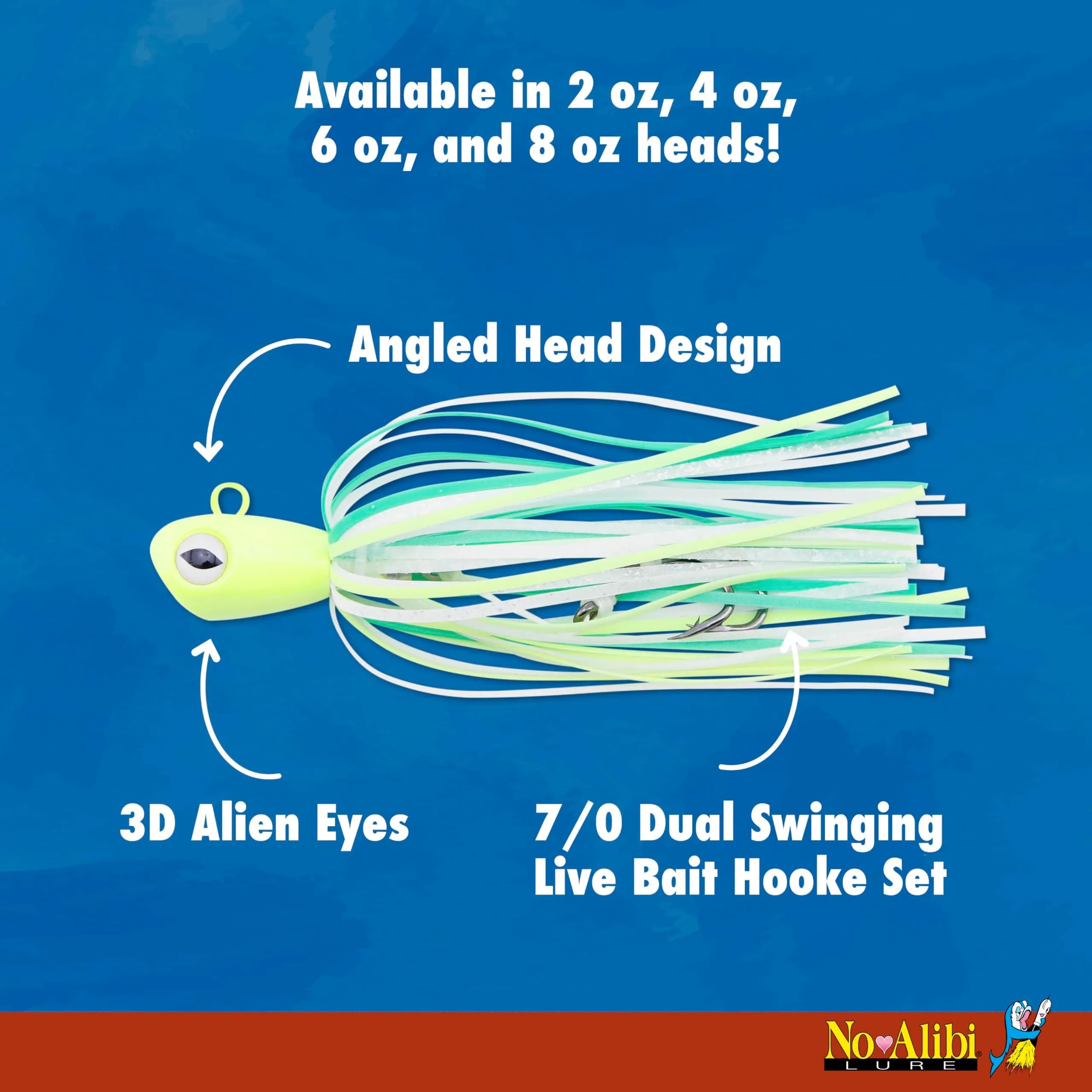C&H Lures No Alibi Alien Jig Offshore Series, 4 oz (113 g) | Glow Red/Black Skirt, 5/0 Hooks, Upright Fast-Sinking Design thumbnail 4