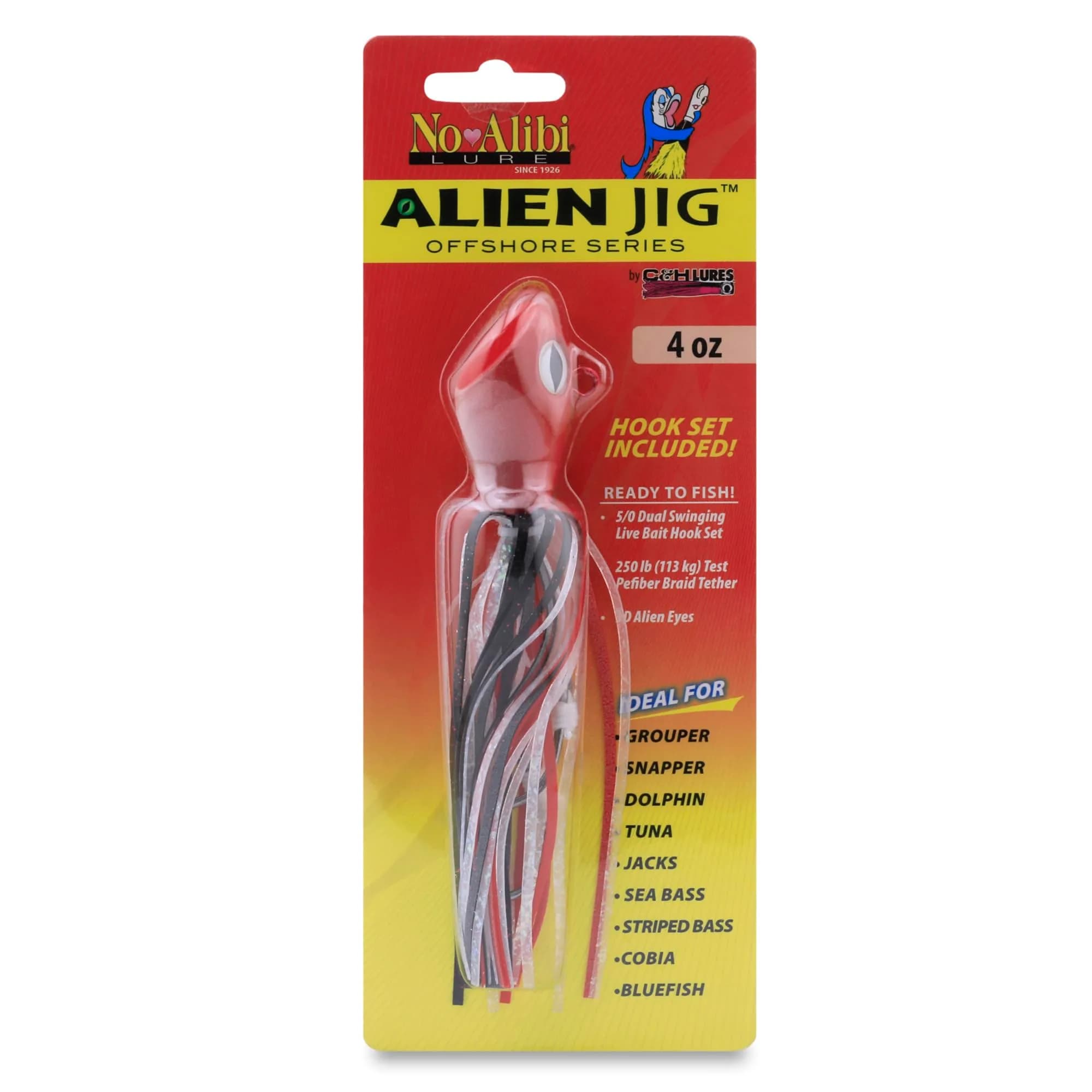 C&H Lures No Alibi Alien Jig Offshore Series, 6 oz (170 g), Fluorescent White Skirt, 7/0 Hooks | Versatile Saltwater Jig for Deep Sea Fishing — 4 oz / 113 g / Glow Red/Black