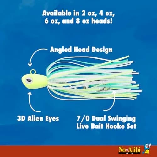 C&H Lures No Alibi Alien Jig Offshore Series, 4 oz (113 g) | Glow Red/Black Skirt, 5/0 Hooks, Upright Fast-Sinking Design thumbnail 4