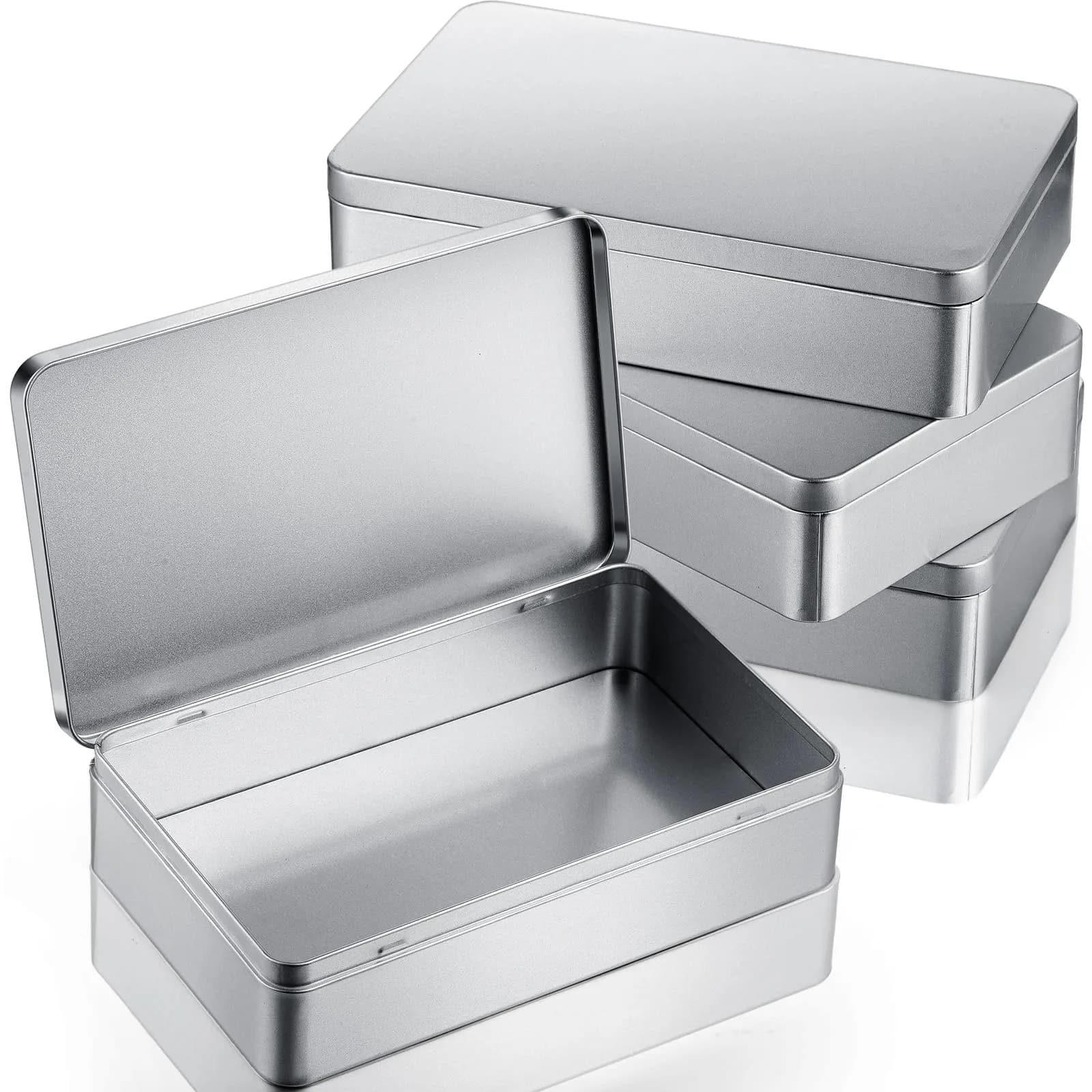 Hotop Silver Metal Tins with Lid Storage Box 215mm x 135mm x 48mm (8.5 x 5.3 x 1.9 Inch) | Classic Rectangular Containers for Gifts and Crafts — 4-Pack