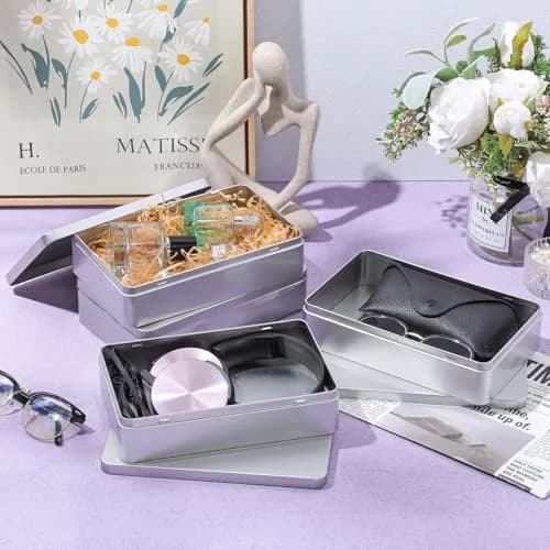 Hotop Metal Tins with Lid Storage Box 21.5cm x 13.5cm x 4.8cm (8.5 x 5.3 x 1.9 Inch) | Pack of 4 Silver Rectangular Containers thumbnail 7