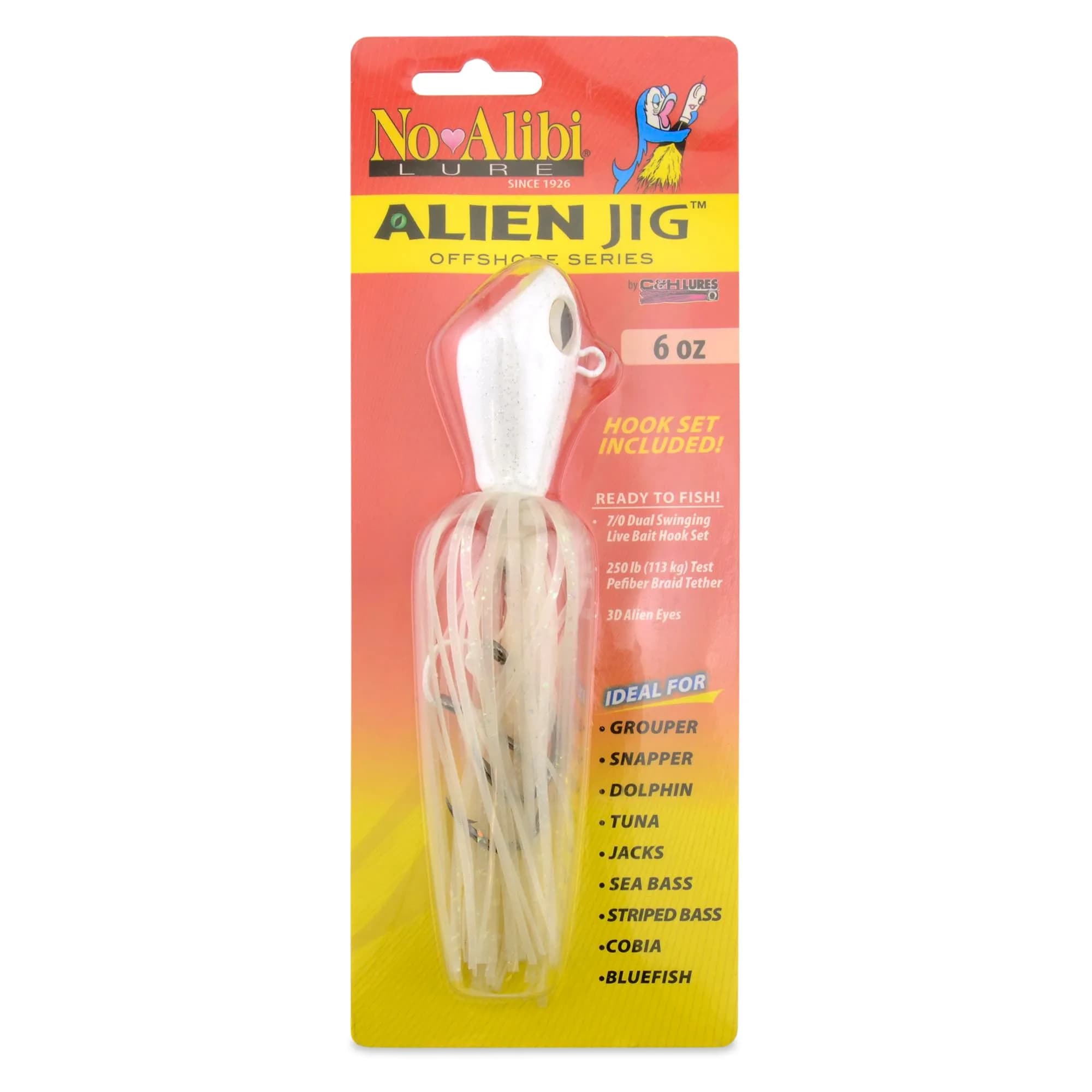 C&H Lures No Alibi Alien Jig Offshore Series, 6 oz (170 g), Fluorescent White Skirt, 7/0 Hooks | Versatile Saltwater Jig for Deep Sea Fishing