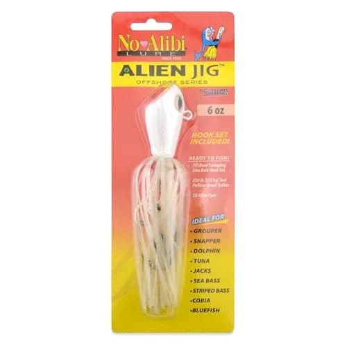 C&H Lures No Alibi Alien Jig Offshore Series, 6 oz (170 g), Fluorescent White Skirt, 7/0 Hooks | Versatile Saltwater Jig for Deep Sea Fishing thumbnail 1