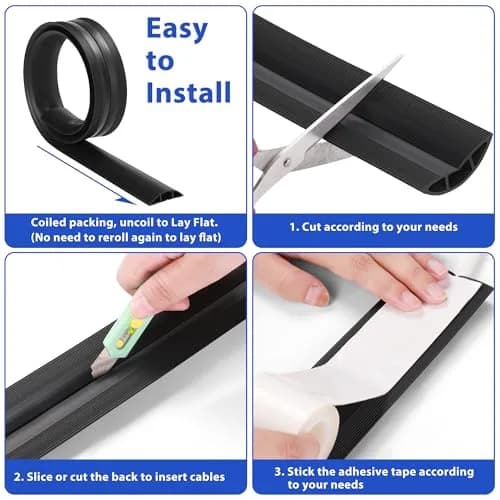 ZhiYo 10ft Floor Cord Cover, Black | Hide 1-2 Cables, Prevent Trips, Cut-to-Length thumbnail 6