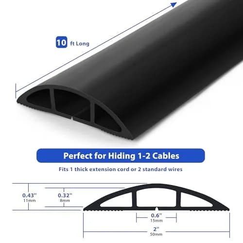 ZhiYo 10ft Floor Cord Cover, Black | Hide 1-2 Cables, Prevent Trips, Cut-to-Length thumbnail 2