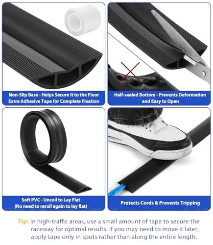 ZhiYo Black Floor Cord Cover 1.83m (6ft) | Hides 1-2 Cables, Prevents Trips thumbnail 2