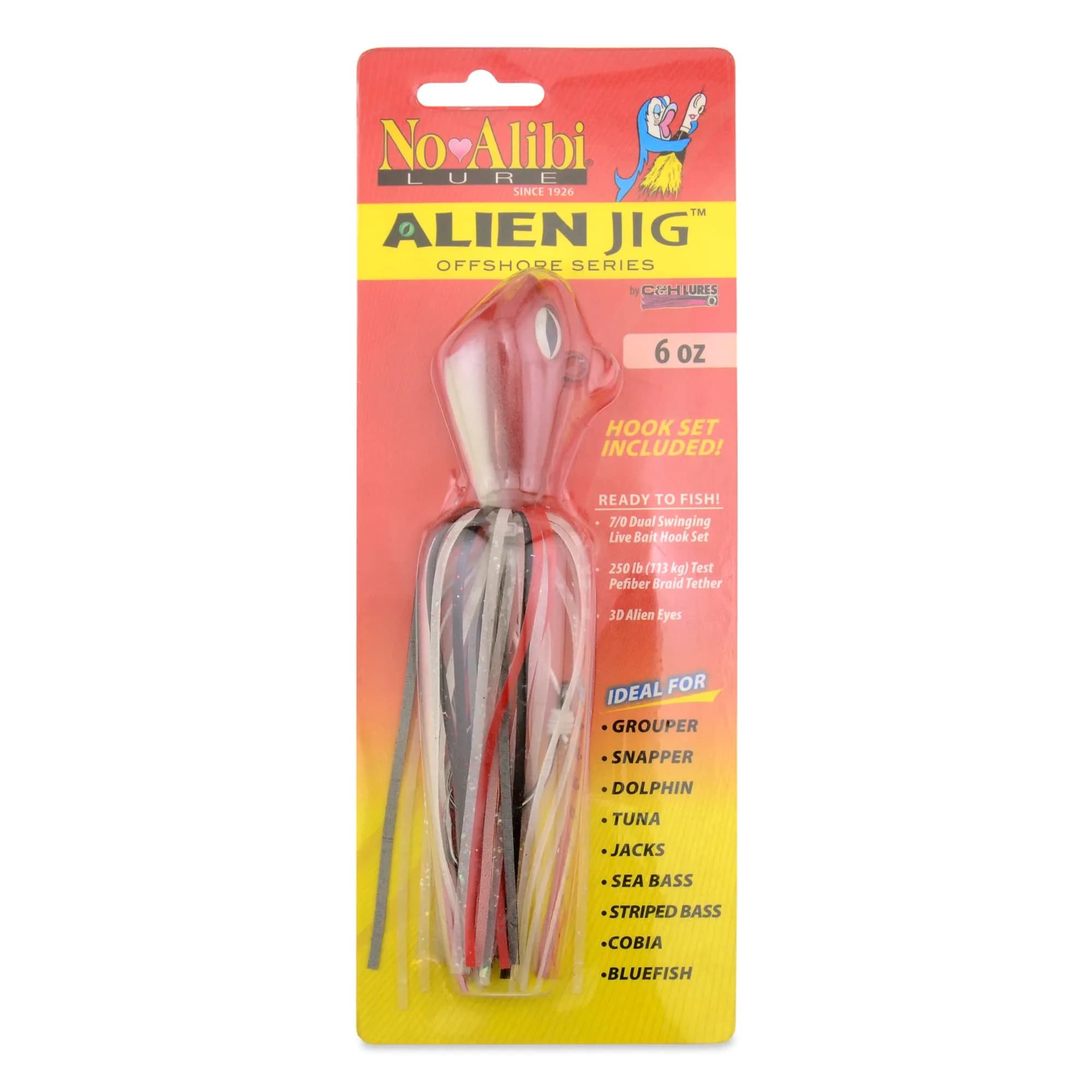 C&H Lures No Alibi Alien Jig Offshore Series, 6 oz / 170 g, Glow Red/Black Skirt, 7/0 Hooks | Versatile Saltwater Jig — 6 oz / 170 g