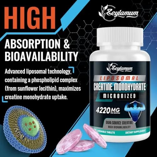 Zeylamum Liposomal Creatine Monohydrate Chewable Tablets 4220mg | 60ct, Unflavored, Sugar-Free, Supports Performance & Recovery thumbnail 3